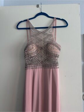 Sleeveless Blush-Pink Beaded formal Dress with Sheer Embellished Bodice